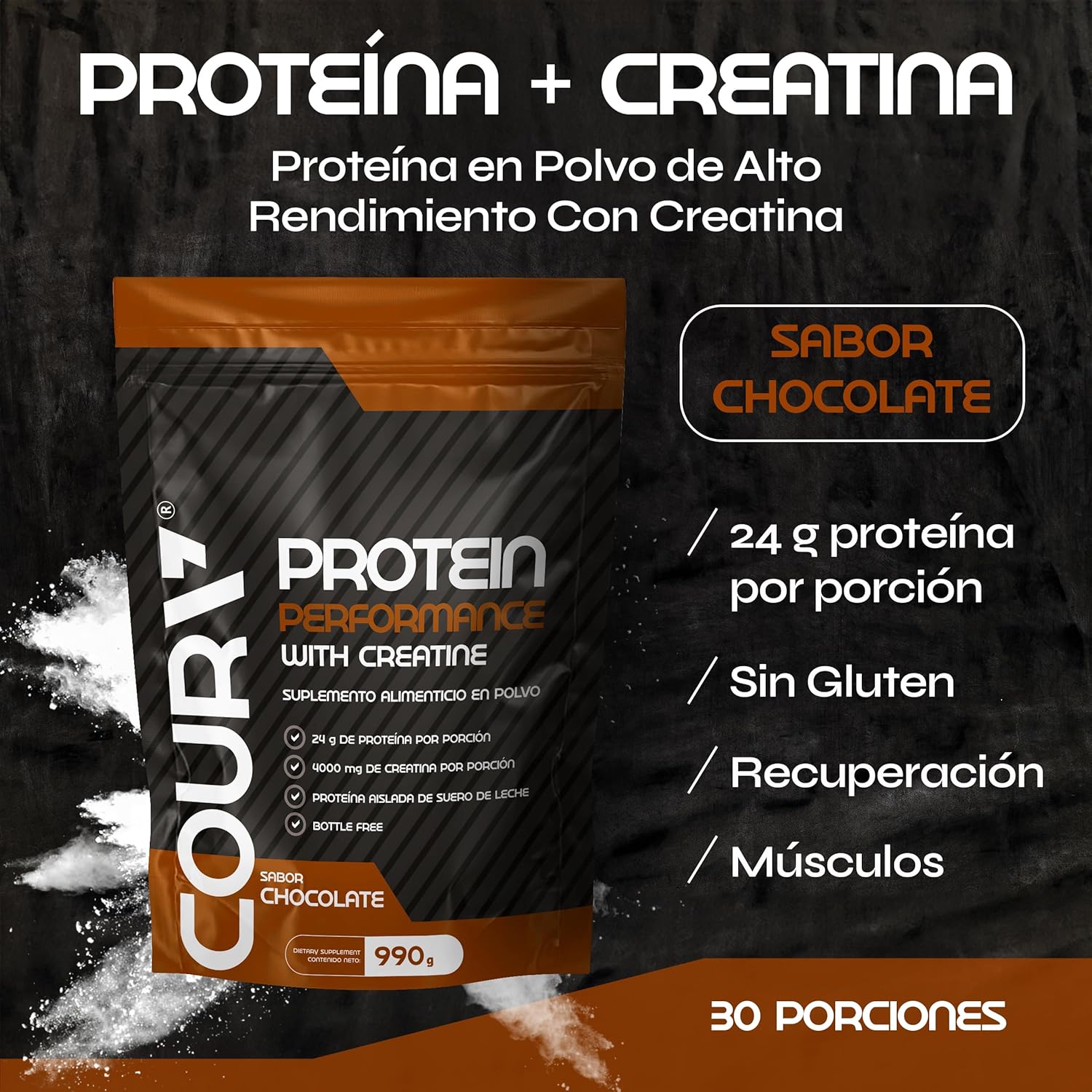 High-Performance Protein Powder with Creatine - Rich Chocolate Flavor - Ideal for Athletes - Gluten-Free - 990g