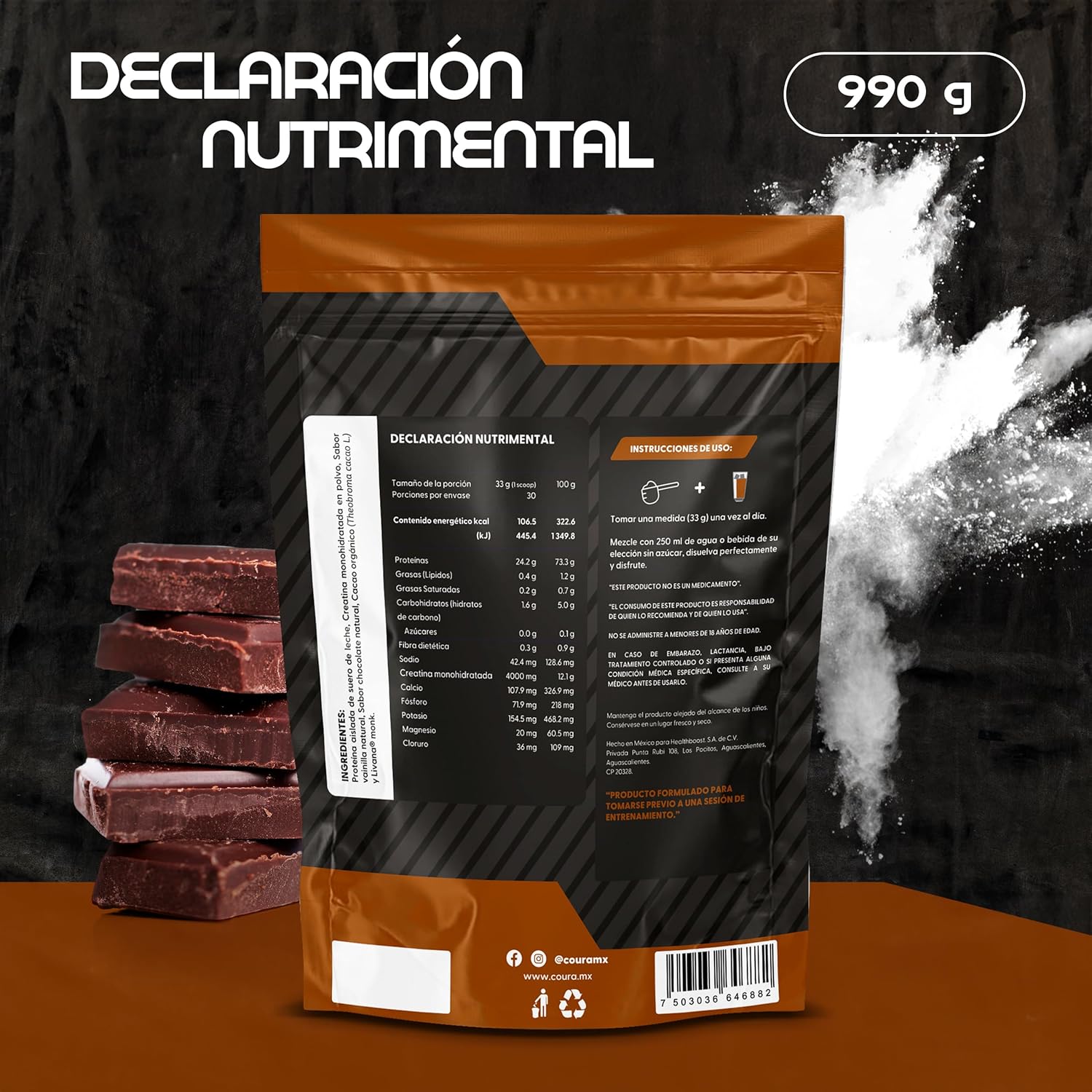 High-Performance Protein Powder with Creatine - Rich Chocolate Flavor - Ideal for Athletes - Gluten-Free - 990g