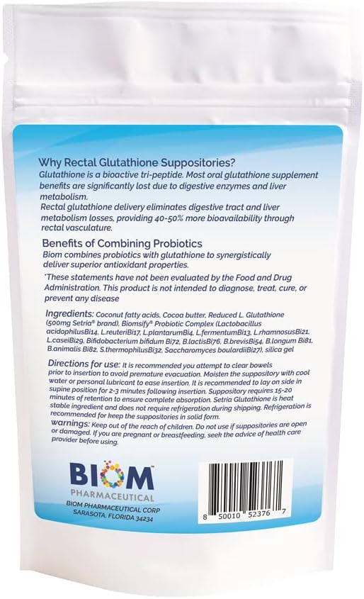 High Potency 500mg Reduced L-Glutathione Suppository with Probiotics for Maximum Antioxidant Benefits (Setria Brand)