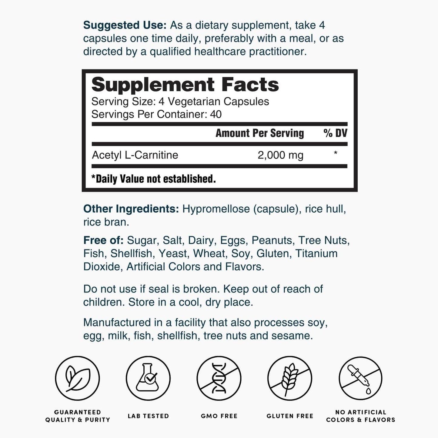 High-Potency Acetyl L-Carnitine Supplement - 2,000mg, 160 Capsules by Nature's Lab
