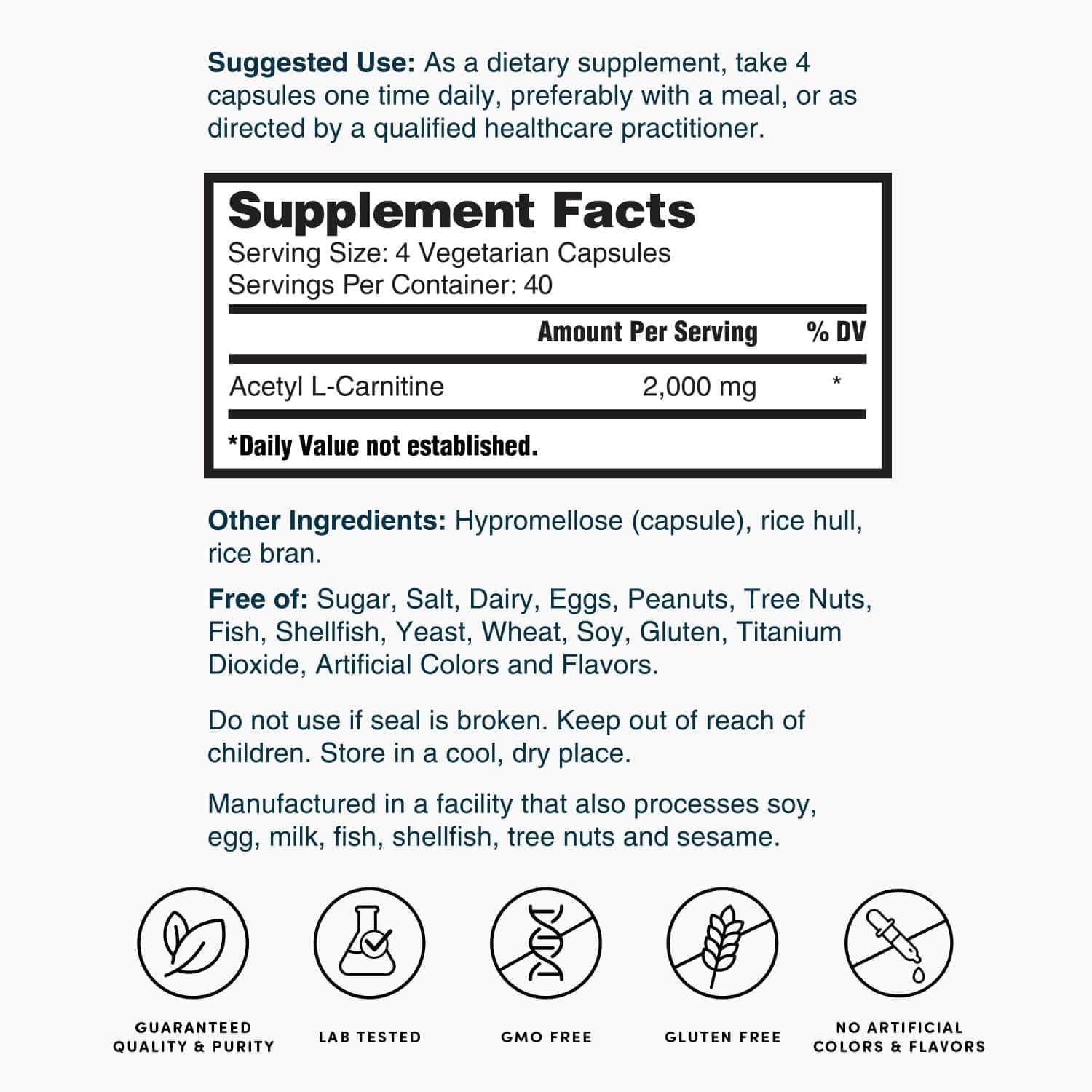 High-Potency Acetyl L-Carnitine Supplement - 2,000mg, 160 Capsules by Nature's Lab