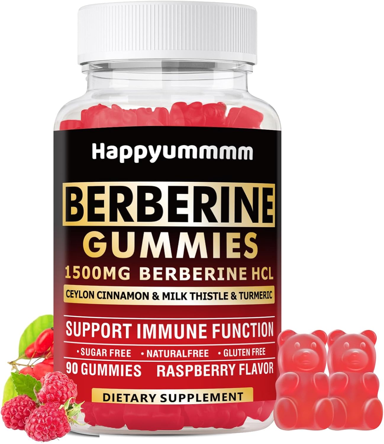 High Potency Berberine HCL Gummies with Ceylon Cinnamon - 90 Count, 1500mg - Immune & Metabolism Support - Sugar Free Raspberry Flavor