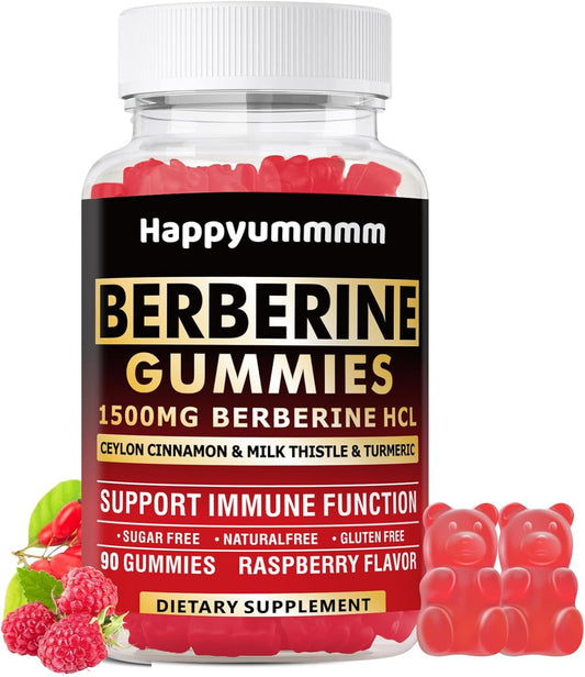 High Potency Berberine HCL Gummies with Ceylon Cinnamon - 90 Count, 1500mg - Immune & Metabolism Support - Sugar Free Raspberry Flavor