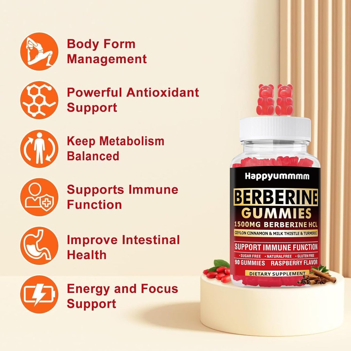 High Potency Berberine HCL Gummies with Ceylon Cinnamon - 90 Count, 1500mg - Immune & Metabolism Support - Sugar Free Raspberry Flavor