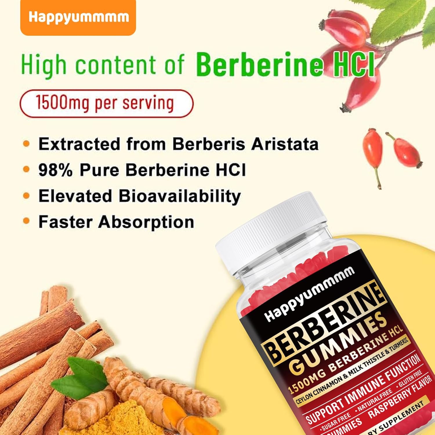 High Potency Berberine HCL Gummies with Ceylon Cinnamon - 90 Count, 1500mg - Immune & Metabolism Support - Sugar Free Raspberry Flavor