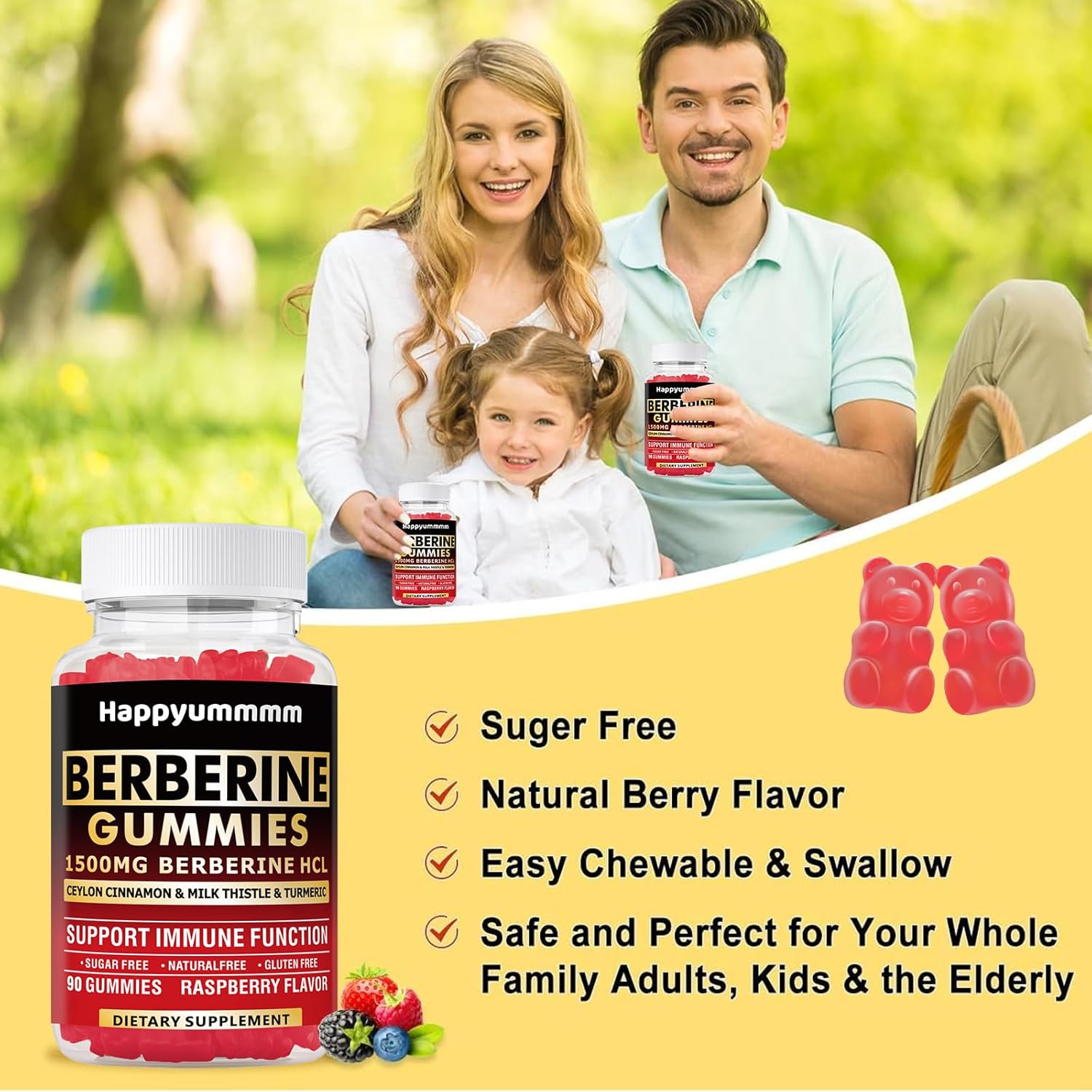 High Potency Berberine HCL Gummies with Ceylon Cinnamon - 90 Count, 1500mg - Immune & Metabolism Support - Sugar Free Raspberry Flavor