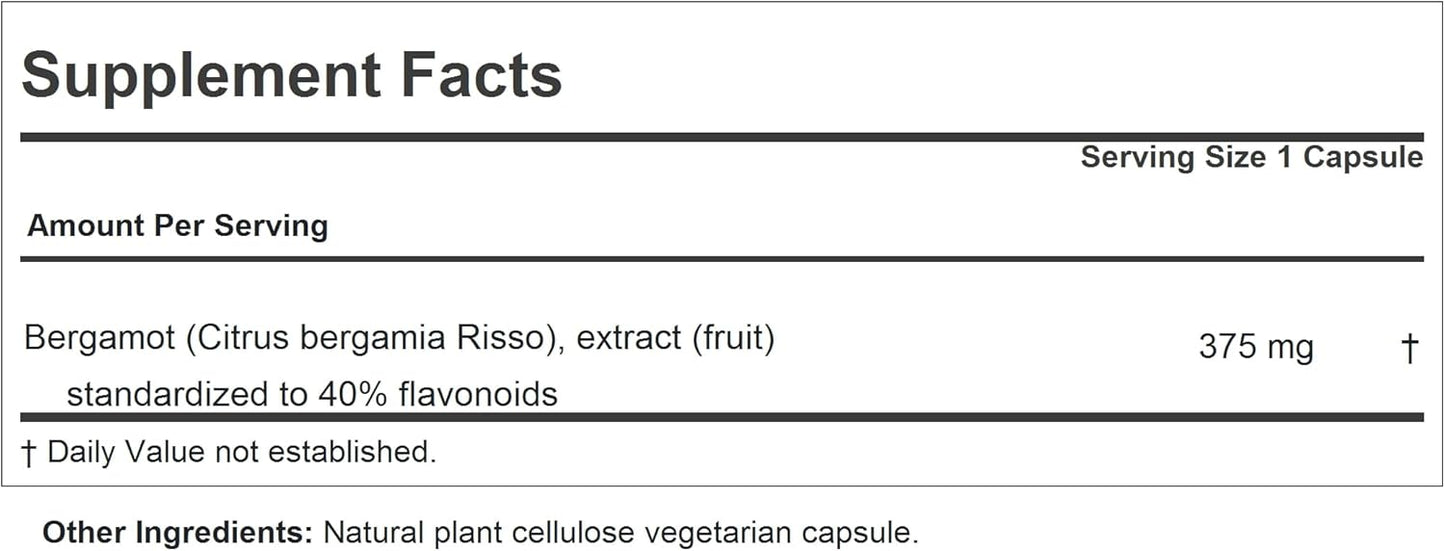 High Potency Bergamot Extract Capsules - 375mg, 120 Count, No Additives, Easy to Swallow