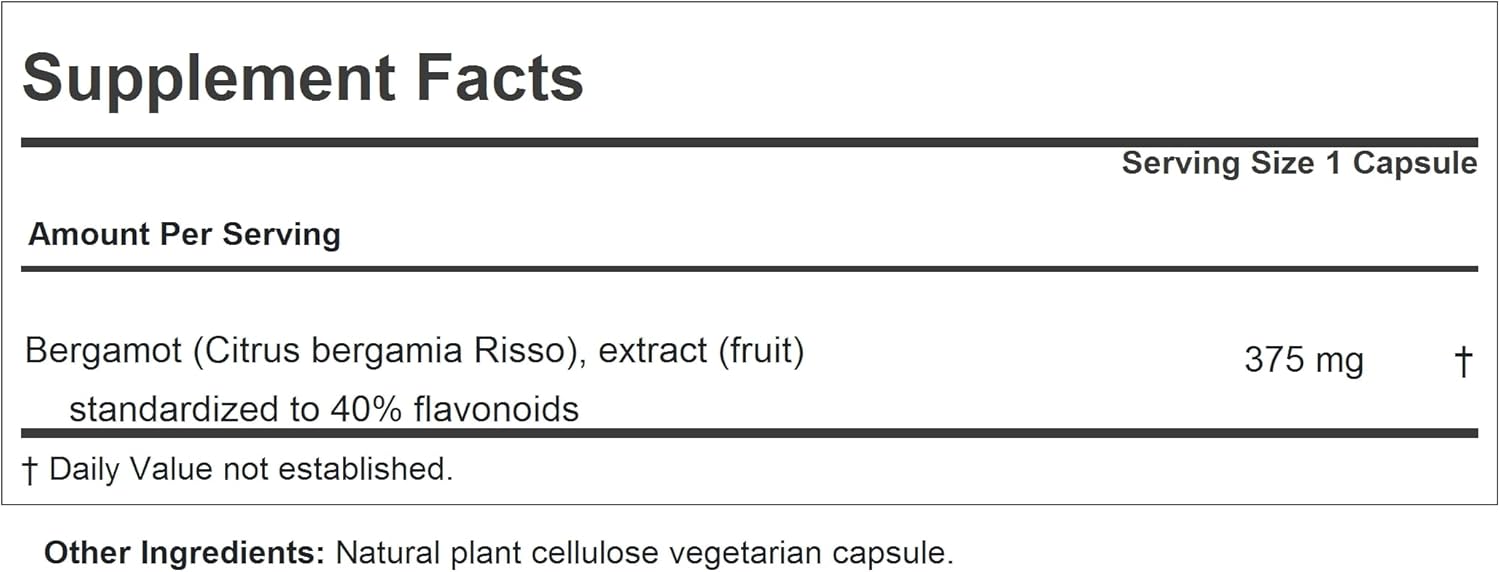 High Potency Bergamot Extract Capsules - 375mg, 120 Count, No Additives, Easy to Swallow