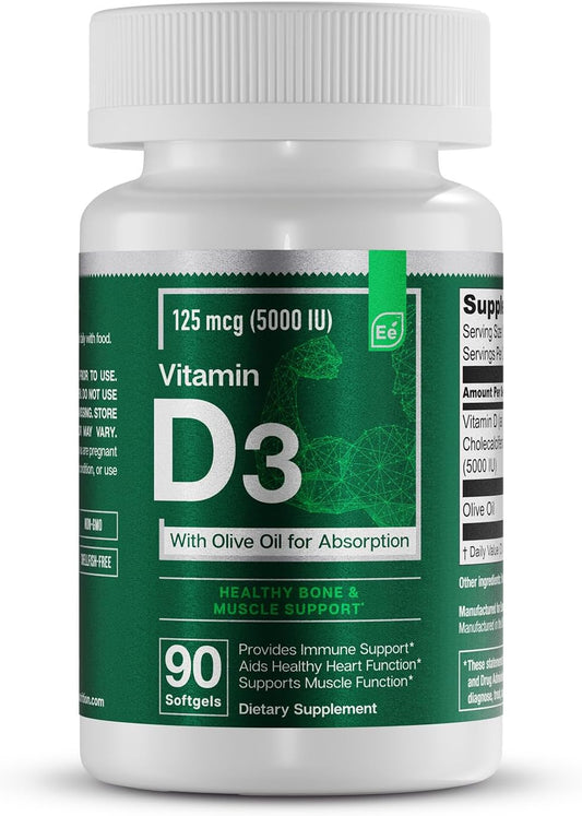 High Potency D3 Vitamin Softgels with Olive Oil - 5000 IU for Bone, Muscle, & Immune Health
