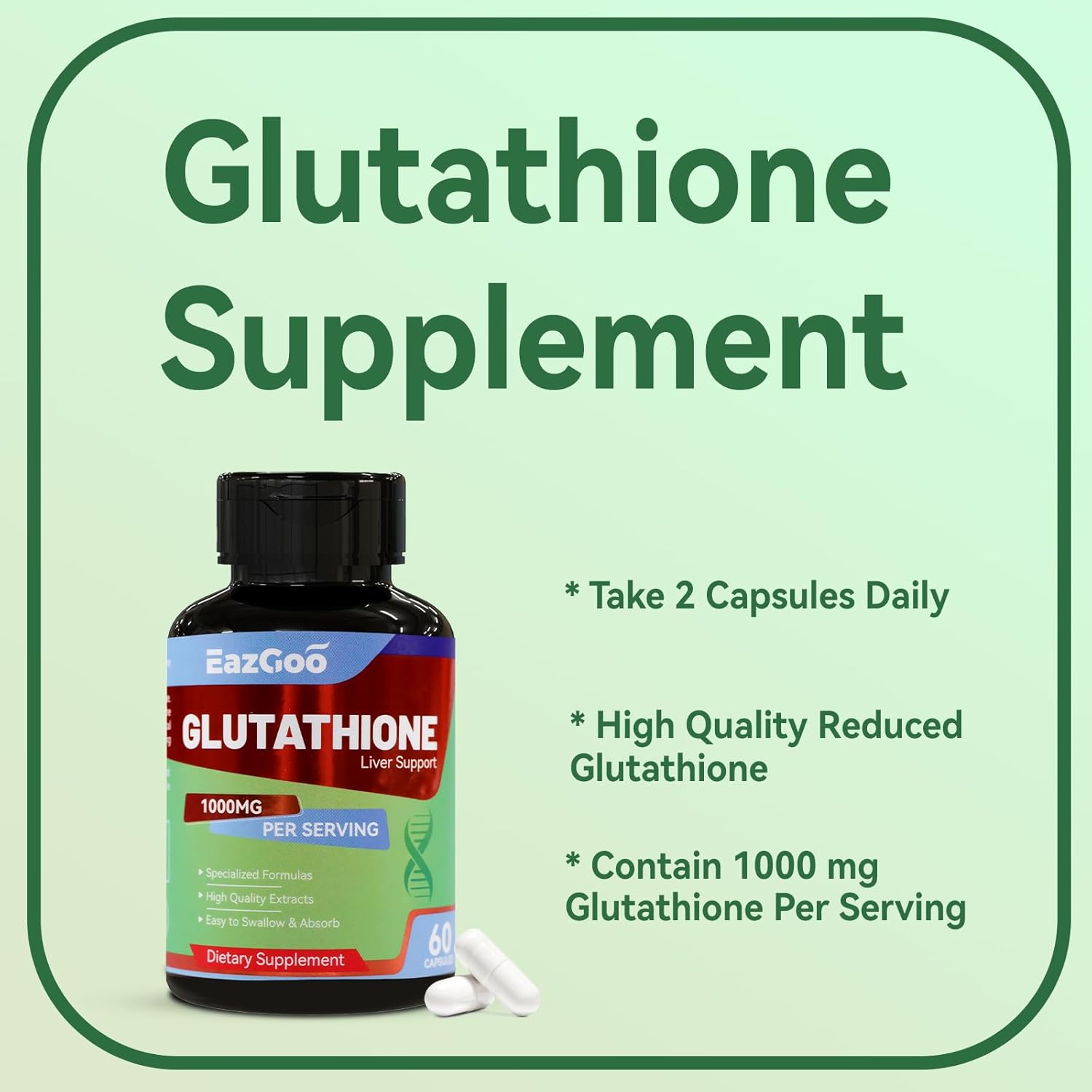 High Potency EAZGOO Glutathione Supplement - 1000mg, 60 Capsules for Immune Support & Skin Health