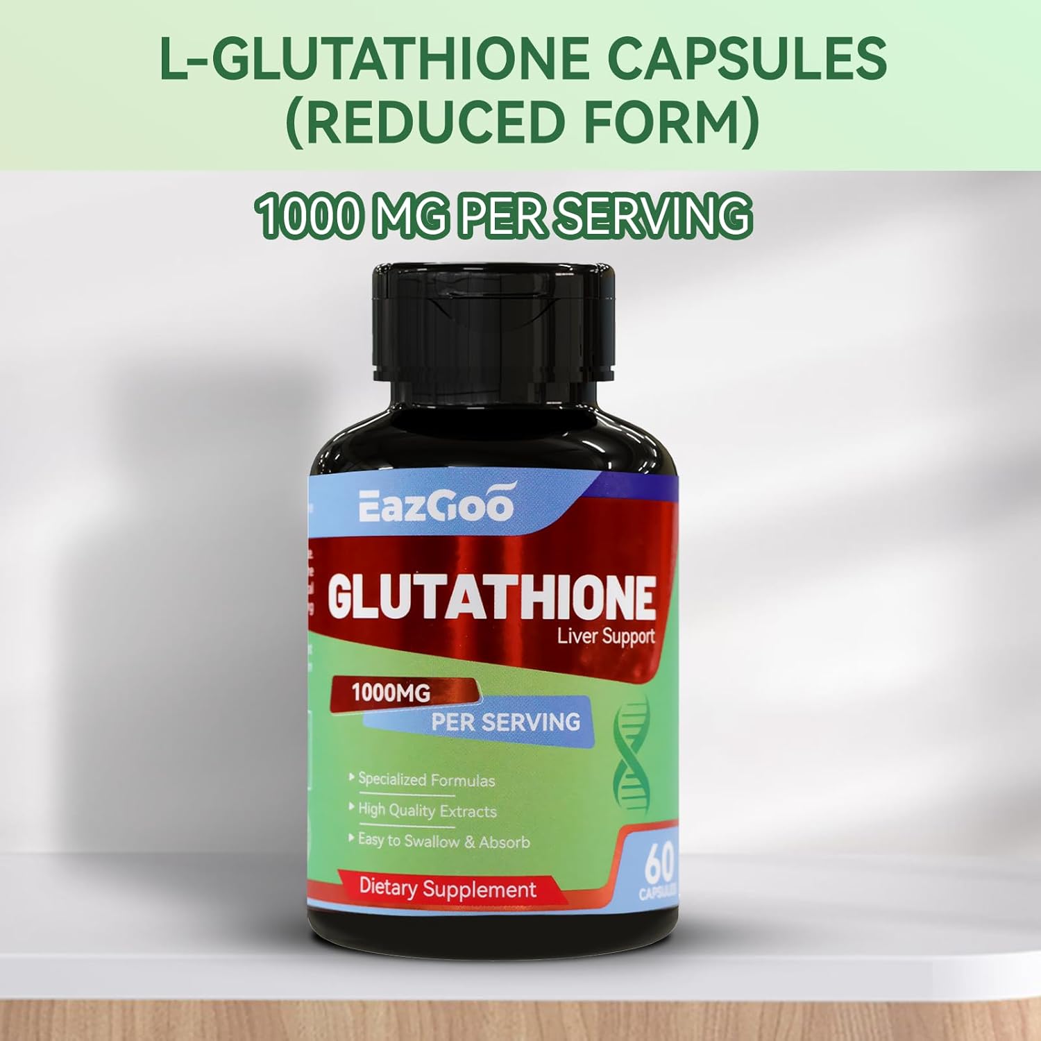 High Potency EAZGOO Glutathione Supplement - 1000mg, 60 Capsules for Immune Support & Skin Health