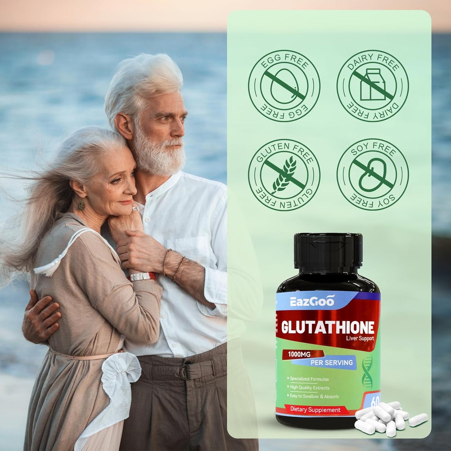 High Potency EAZGOO Glutathione Supplement - 1000mg, 60 Capsules for Immune Support & Skin Health