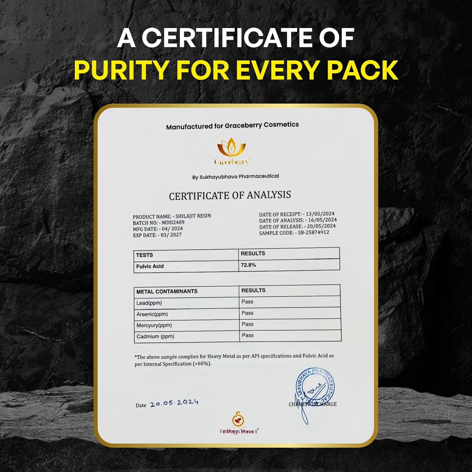 High Potency Graceberry Gold Shilajit Resin Supplement - Pure Himalayan Shilajit for Energy & Immune Support - 72% Fulvic Acid - Lab-Tested (20gm x 1)