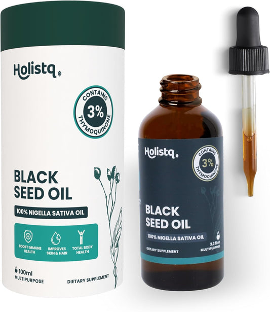 High Potency HOLISTQ Black Seed Oil Liquid Drops with 3% Thymoquinone - 100mL Cold Pressed Black Cumin Nigella Sativa for Immune, Heart, Skin & Hair - Non-GMO Vegan Omega 369 Support