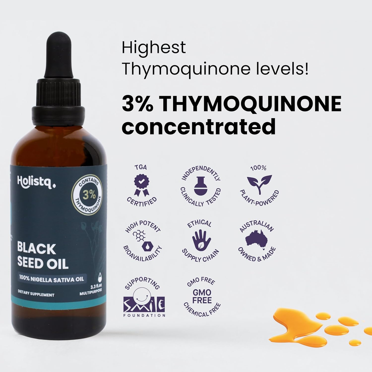 High Potency HOLISTQ Black Seed Oil Liquid Drops with 3% Thymoquinone - 100mL Cold Pressed Black Cumin Nigella Sativa for Immune, Heart, Skin & Hair - Non-GMO Vegan Omega 369 Support
