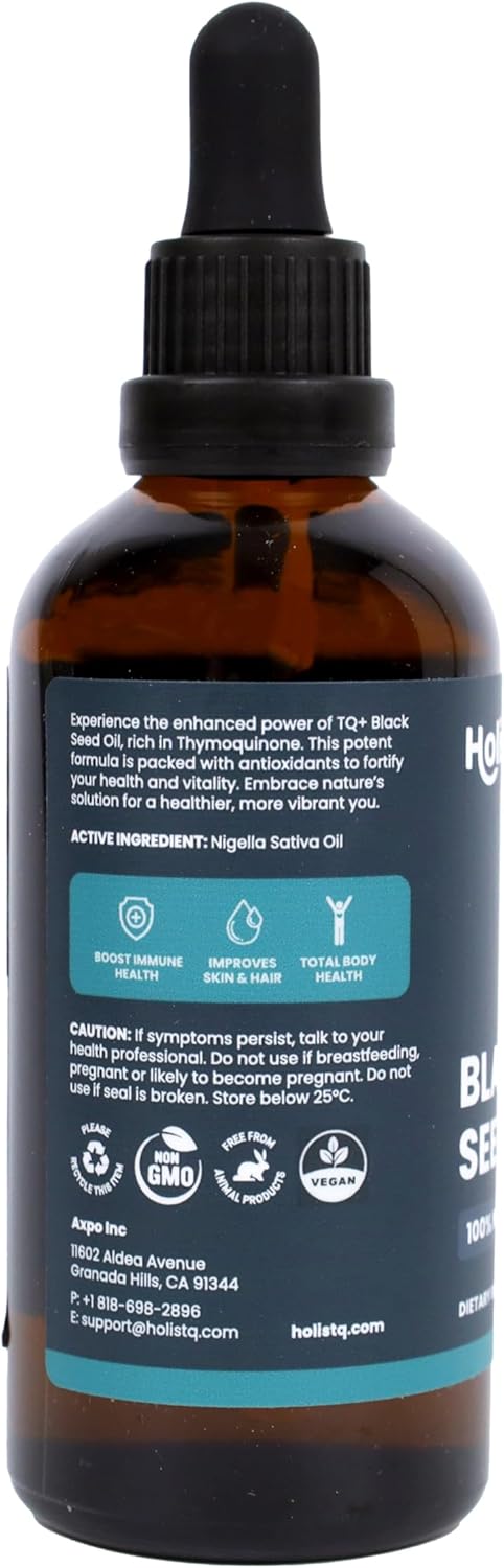 High Potency HOLISTQ Black Seed Oil Liquid Drops with 3% Thymoquinone - 100mL Cold Pressed Black Cumin Nigella Sativa for Immune, Heart, Skin & Hair - Non-GMO Vegan Omega 369 Support