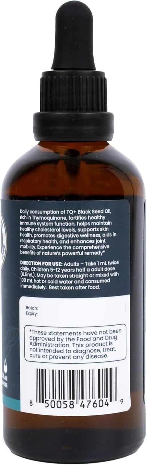 High Potency HOLISTQ Black Seed Oil Liquid Drops with 3% Thymoquinone - 100mL Cold Pressed Black Cumin Nigella Sativa for Immune, Heart, Skin & Hair - Non-GMO Vegan Omega 369 Support