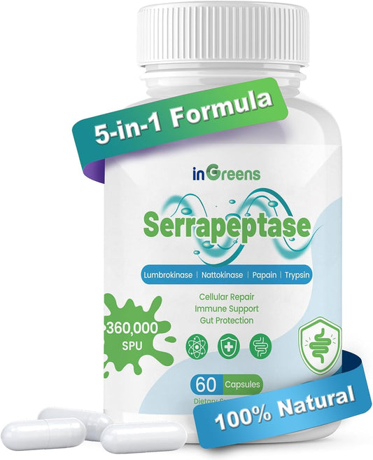 High Potency inGreens Serrapeptase Supplement - 200,000 SPU, Supports Sinus Health - Non-GMO, Gluten Free - 60 Capsules - Made in USA