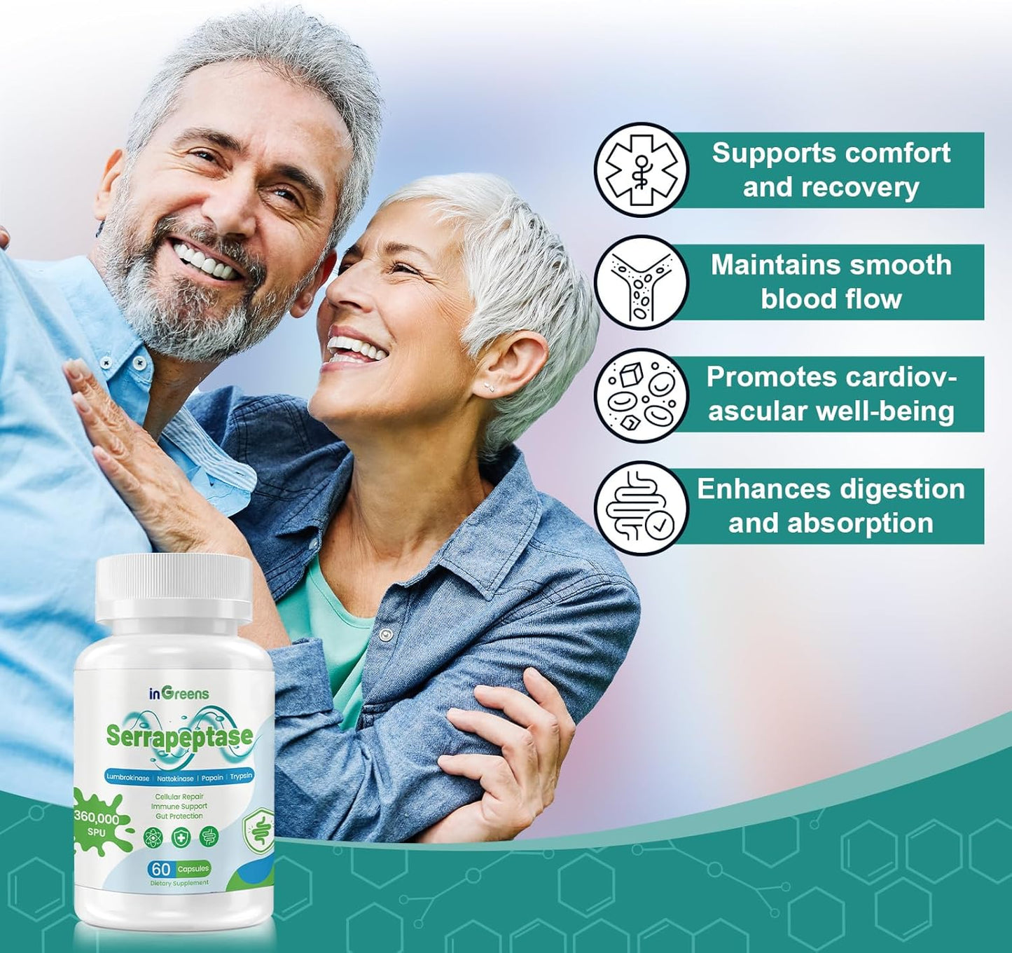 High Potency inGreens Serrapeptase Supplement - 200,000 SPU, Supports Sinus Health - Non-GMO, Gluten Free - 60 Capsules - Made in USA