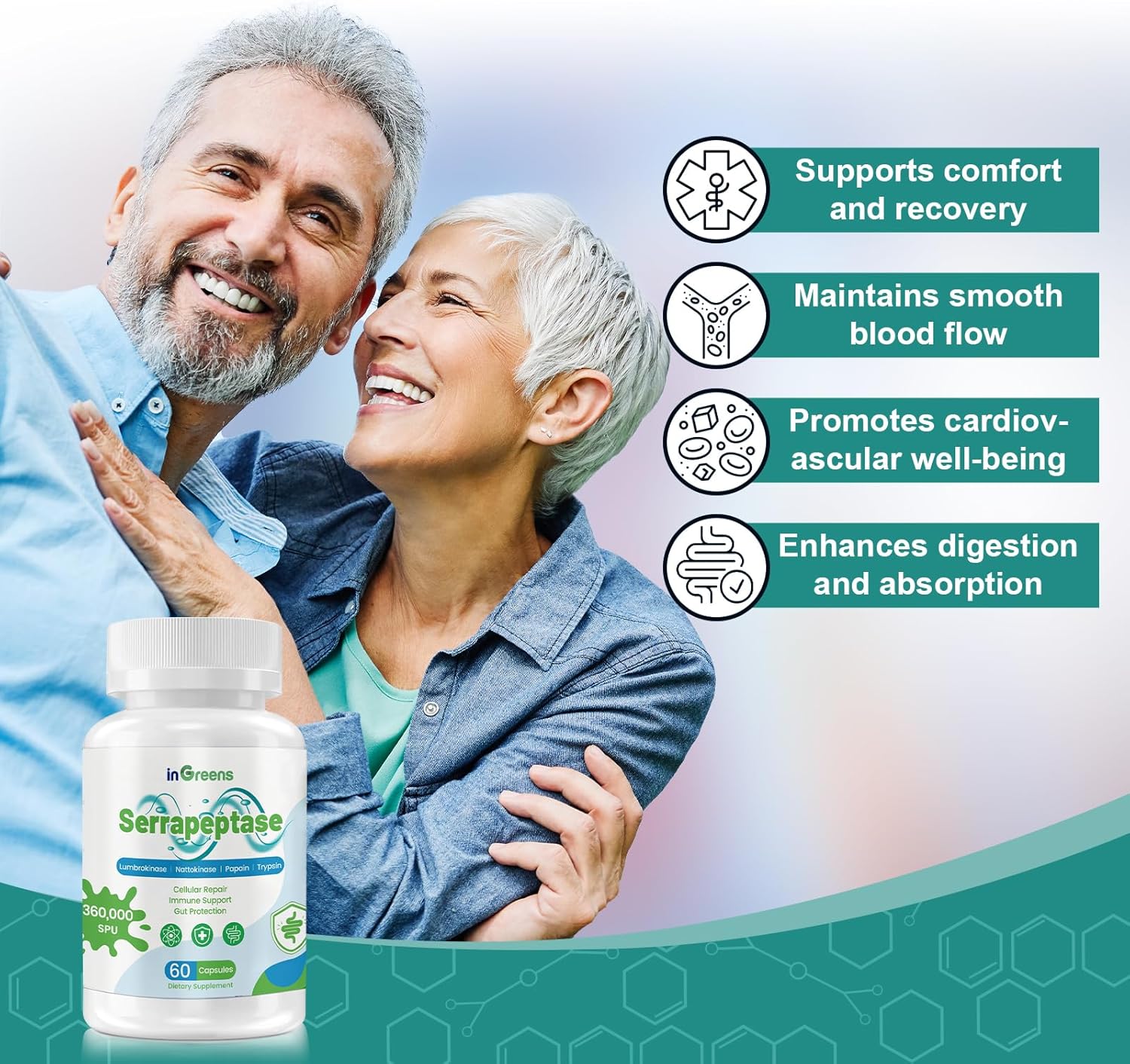 High Potency inGreens Serrapeptase Supplement - 200,000 SPU, Supports Sinus Health - Non-GMO, Gluten Free - 60 Capsules - Made in USA
