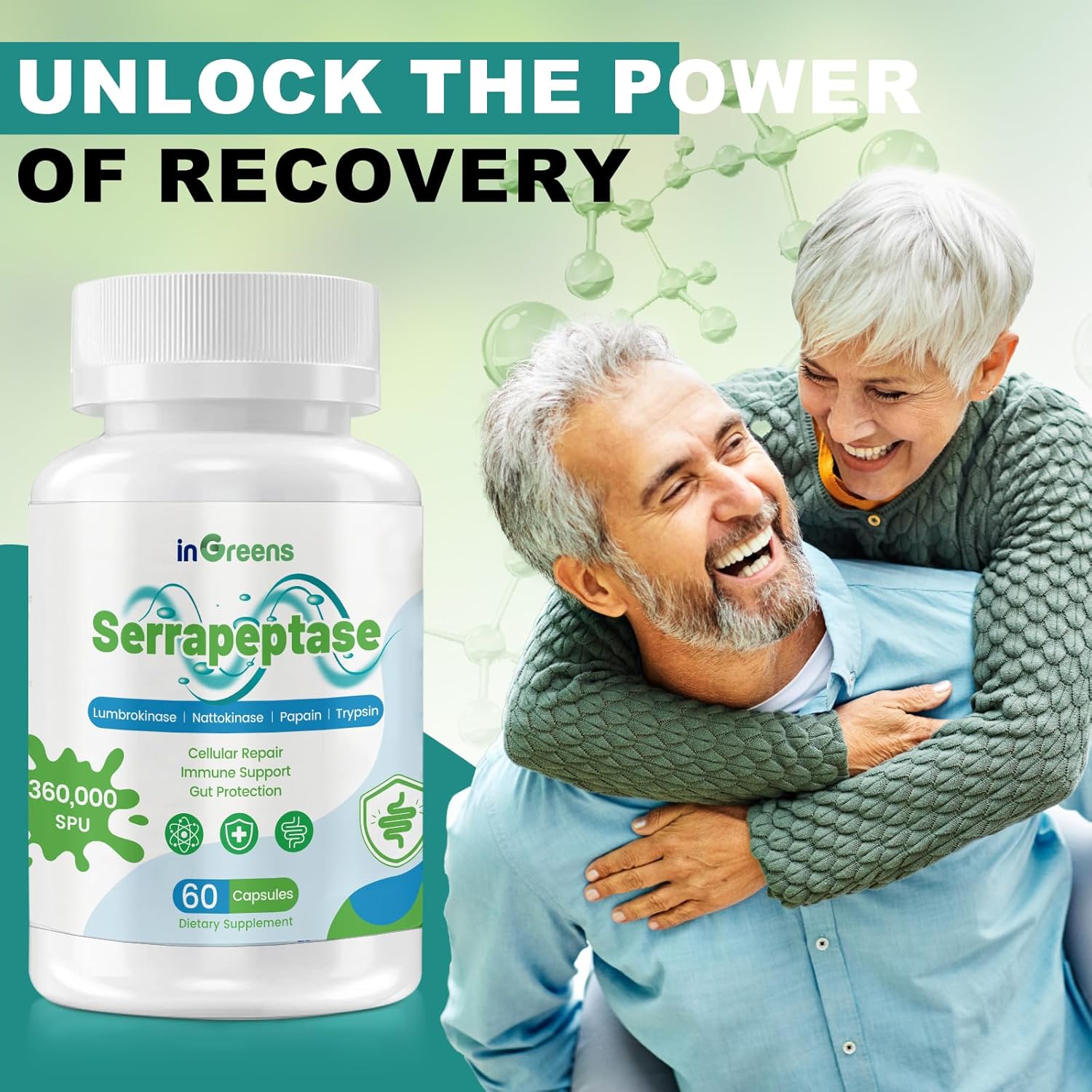 High Potency inGreens Serrapeptase Supplement - 200,000 SPU, Supports Sinus Health - Non-GMO, Gluten Free - 60 Capsules - Made in USA