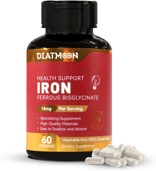 High Potency Iron Supplement 18mg - Ferrous Bisglycinate for Women & Men - Easily Absorbed Veg Capsules - Non-Gluten, GMOs-Free - 60 Count (2 Pack)