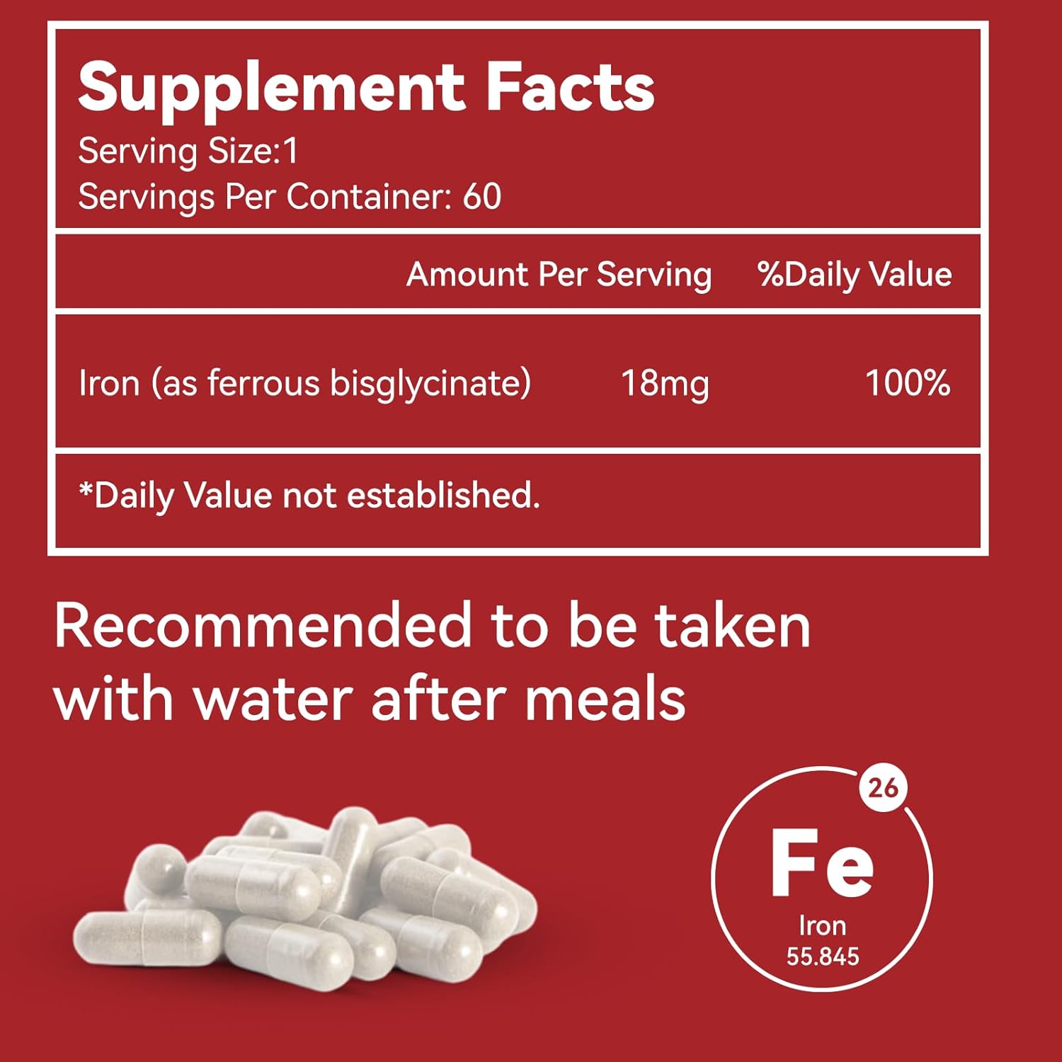 High Potency Iron Supplement 18mg - Ferrous Bisglycinate for Women & Men - Easily Absorbed Veg Capsules - Non-Gluten, GMOs-Free - 60 Count (2 Pack)