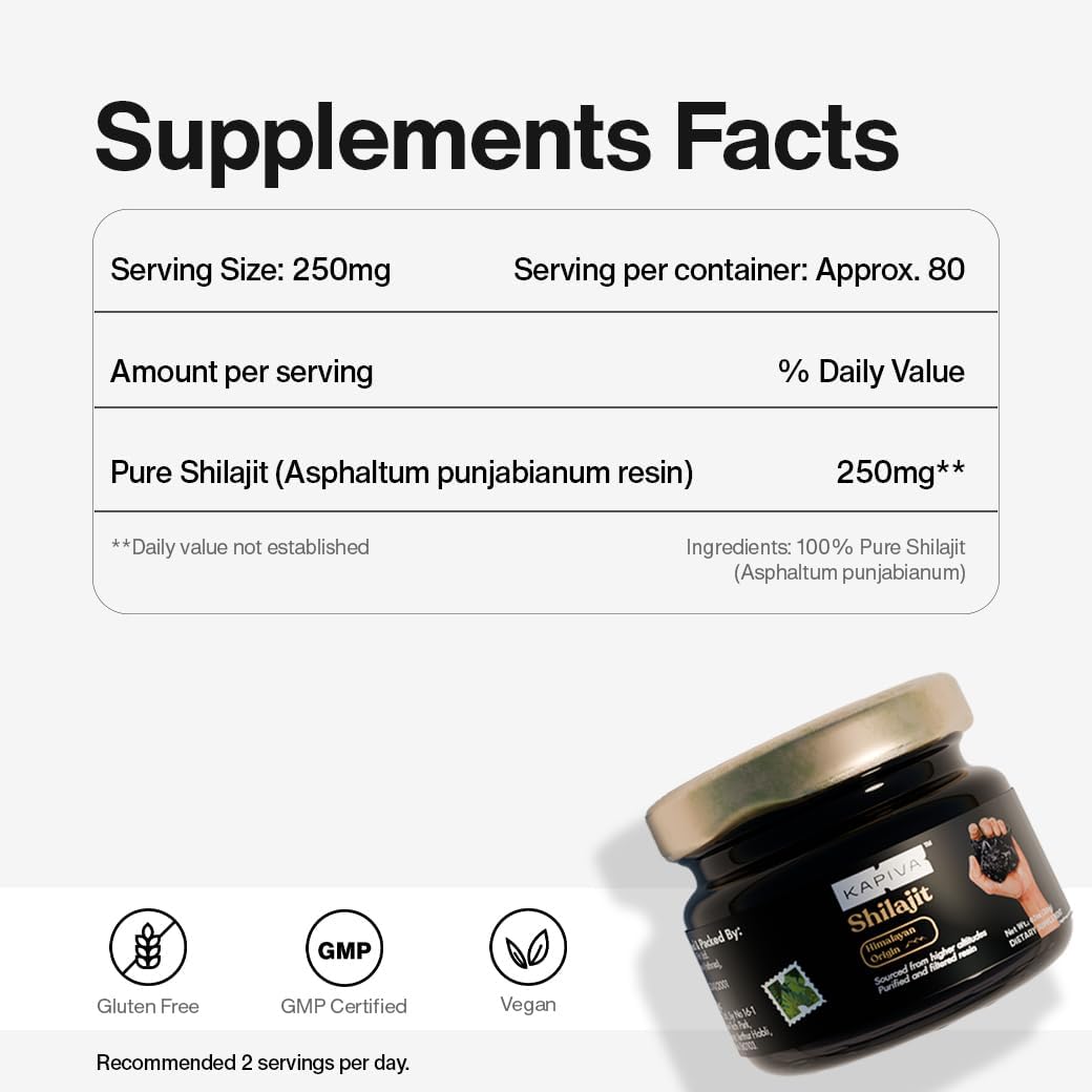 High Potency Kapiva Himalayan Shilajit Resin for Men & Women | 80 Servings, 250mg | 80+ Trace Minerals, 70% Fulvic Acid | Authentic, Lab Tested | Natural Energy & Immune Boost