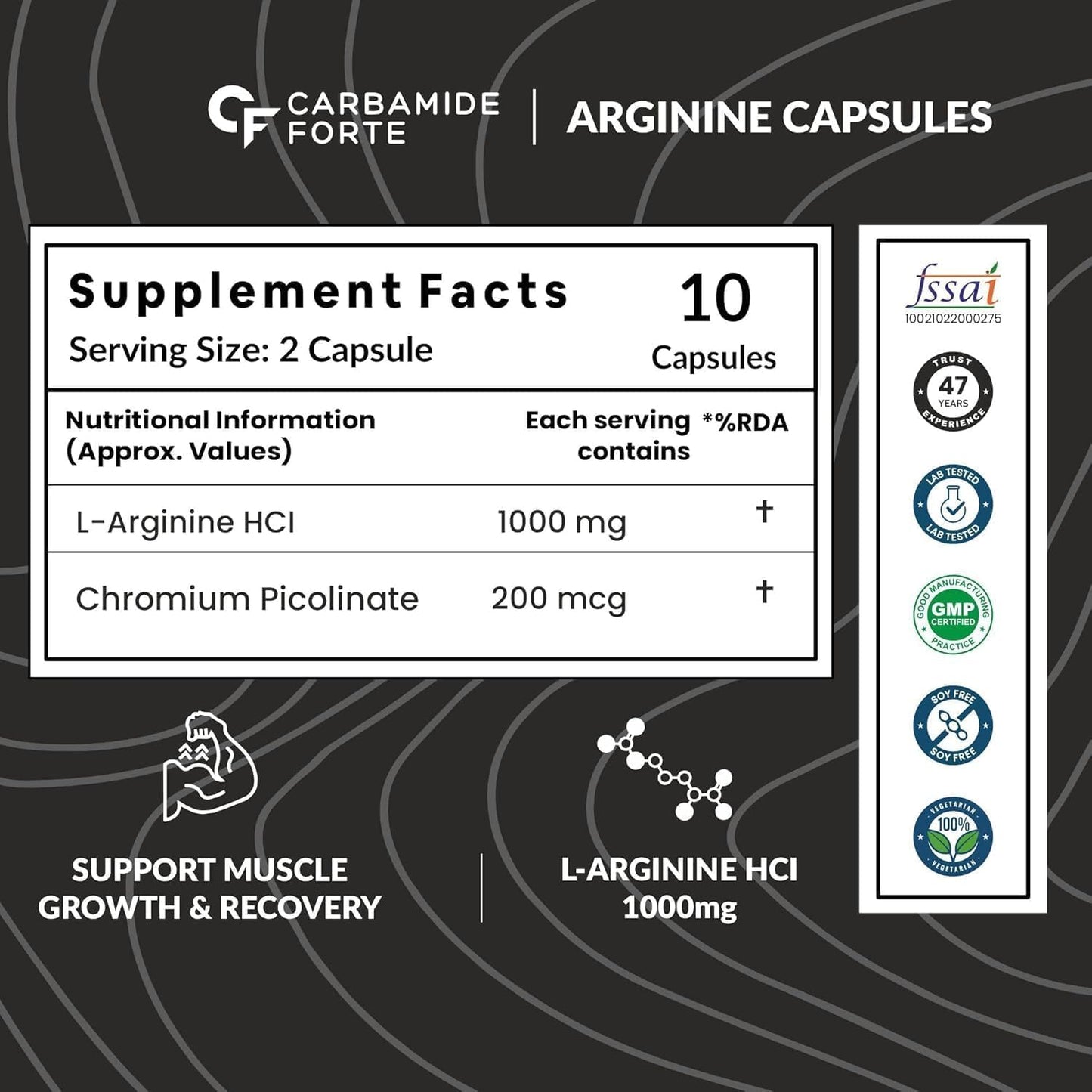 High Potency L-Arginine Supplement 1000mg - 10 Vegan Capsules for Cardiovascular Health and Muscle Support