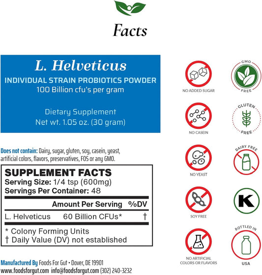 High Potency Lactobacillus Helveticus Probiotic Powder - 100 Billion cfu's, 30g - Digestive & Immune Support, No Additives