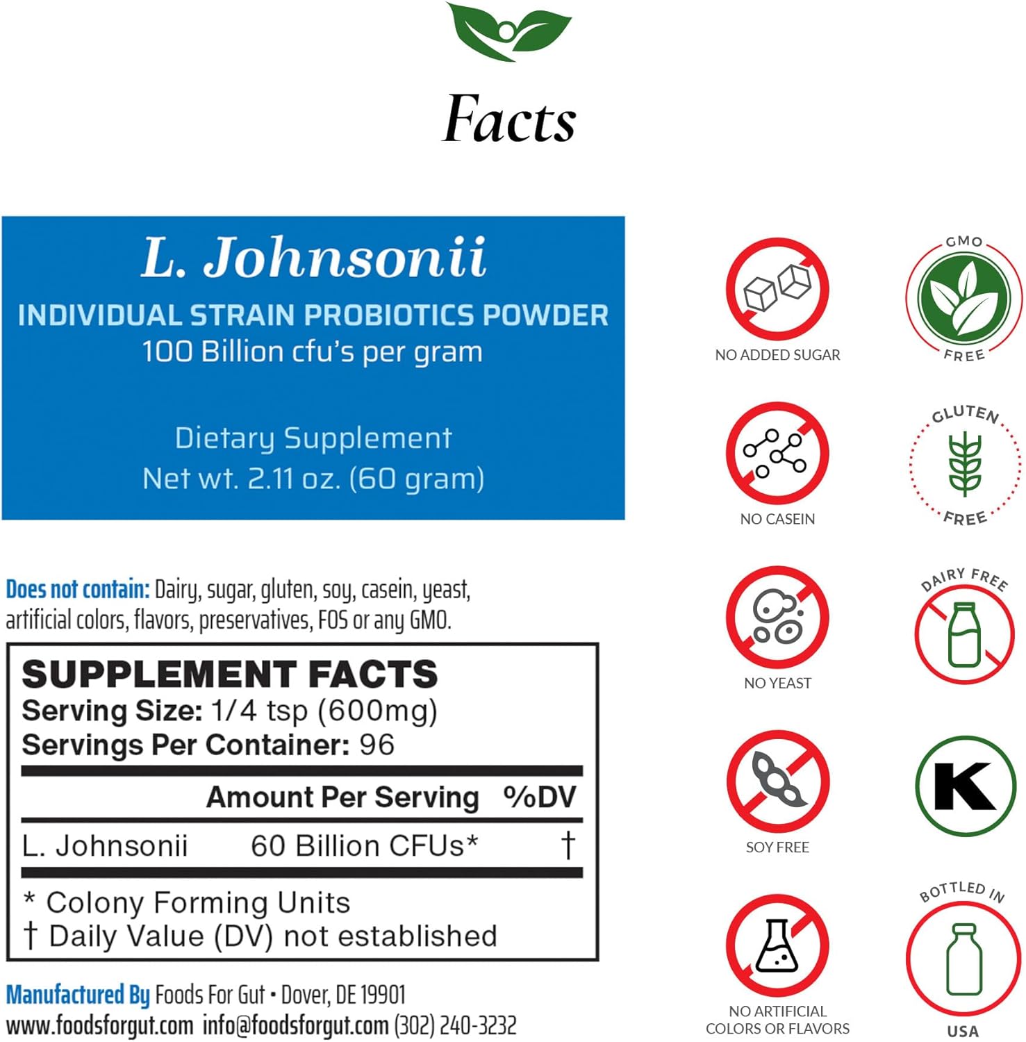 High Potency Lactobacillus Johnsonii Probiotic Powder - 100 Billion CFU's - Digestive & Immune Support - No Additives - 60g