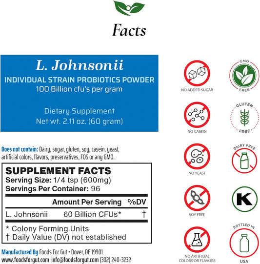 High Potency Lactobacillus Johnsonii Probiotic Powder - 100 Billion CFU's - Digestive & Immune Support - No Additives - 60g