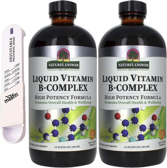 High-Potency Liquid B Complex Vitamins for Energy & Nerve Health, 16 Oz, Tangerine Flavor, Gluten-Free, Bundle with Measuring Spoon - Pack of 2