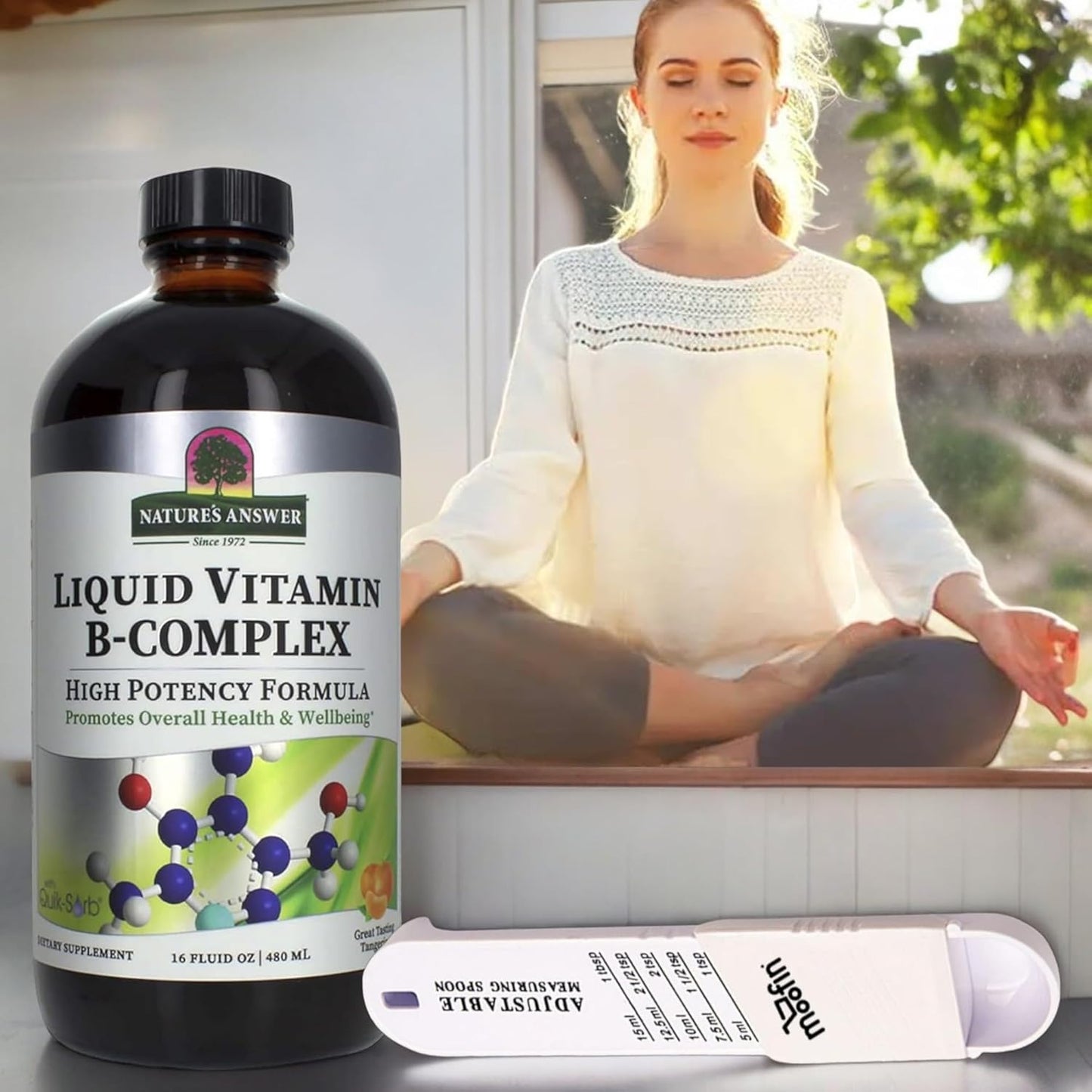 High-Potency Liquid B Complex Vitamins for Energy & Nerve Health, 16 Oz, Tangerine Flavor, Gluten-Free, Bundle with Measuring Spoon - Pack of 2