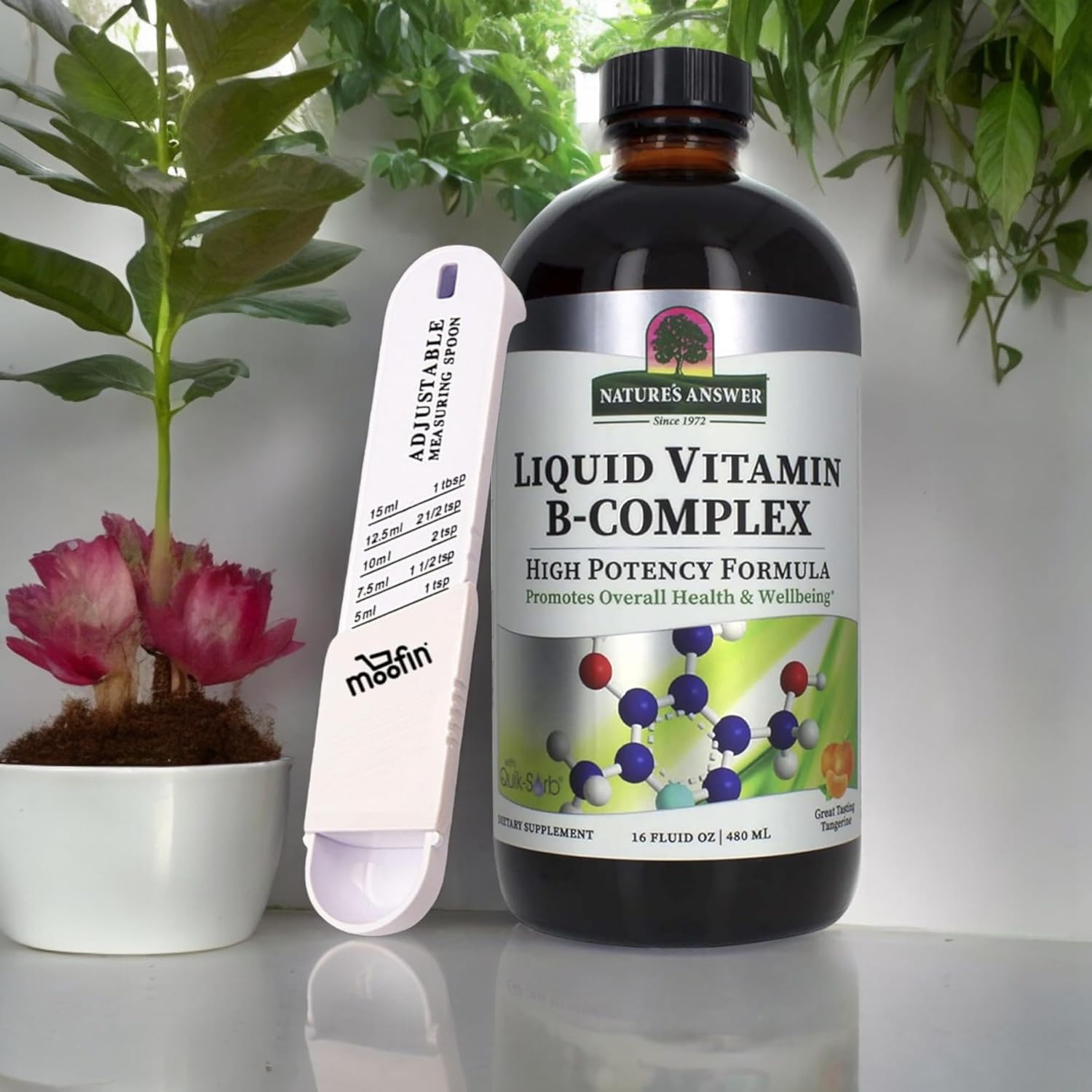 High-Potency Liquid B Complex Vitamins for Energy & Nerve Health, 16 Oz, Tangerine Flavor, Gluten-Free, Bundle with Measuring Spoon - Pack of 2