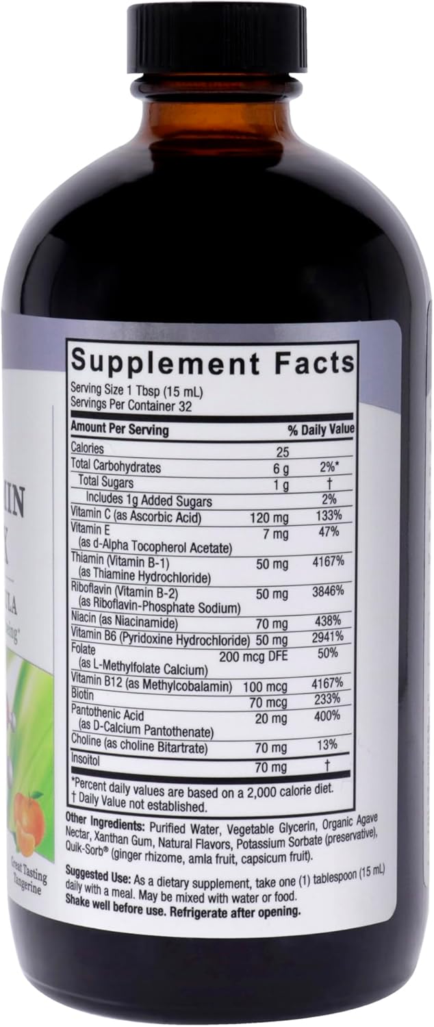 High-Potency Liquid B Complex Vitamins for Energy & Nerve Health, 16 Oz, Tangerine Flavor, Gluten-Free, Bundle with Measuring Spoon - Pack of 2