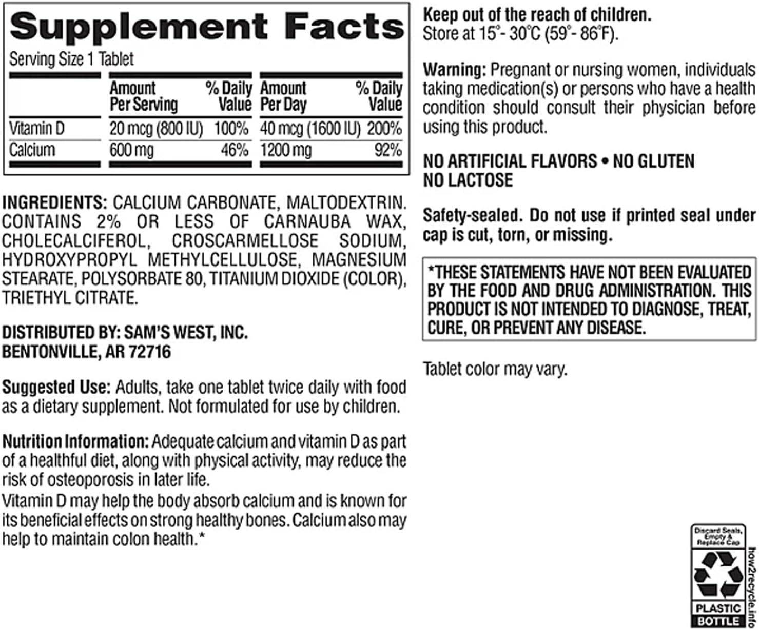 High Potency Members Mark Calcium and Vitamin D3 Tablets for Bone and Muscle Health - 600 ct.