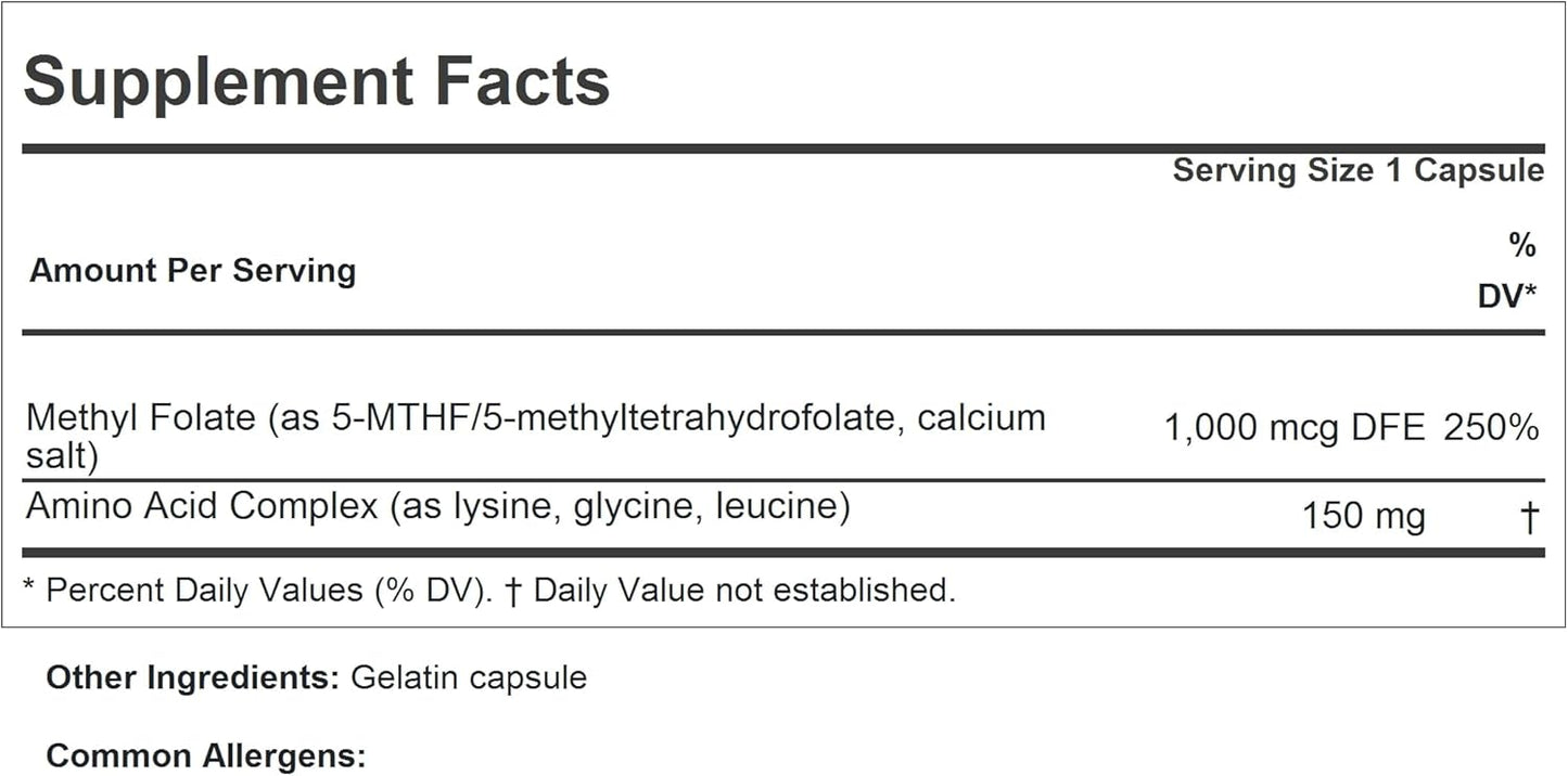 High Potency Methyl Folate 1000 mcg Capsules - Supports Heart, Brain, Immune System, Pregnancy - Easy to Swallow