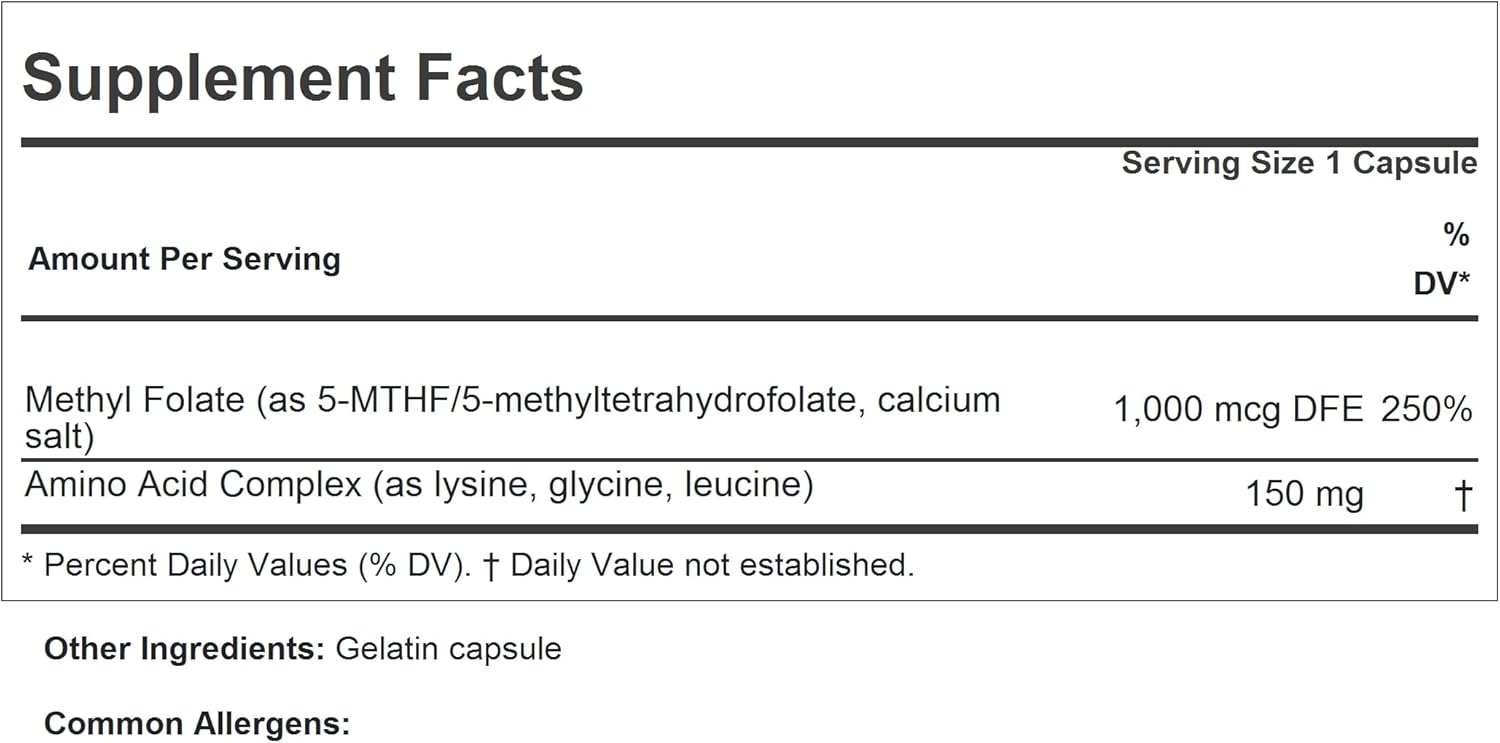 High Potency Methyl Folate 1000 mcg Capsules - Supports Heart, Brain, Immune System, Pregnancy - Easy to Swallow