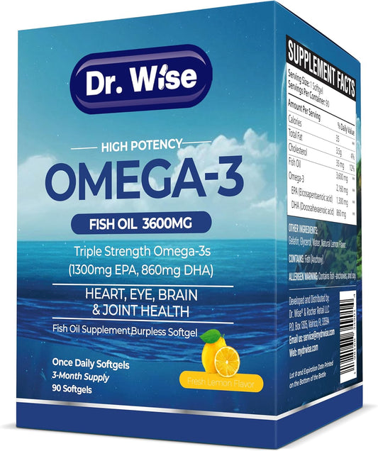 High Potency Omega-3 Fish Oil Softgels with Natural Lemon Flavor - 3600mg (2160mg Omega-3) - Supports General Health - 90 Softgels, 3-Month Supply