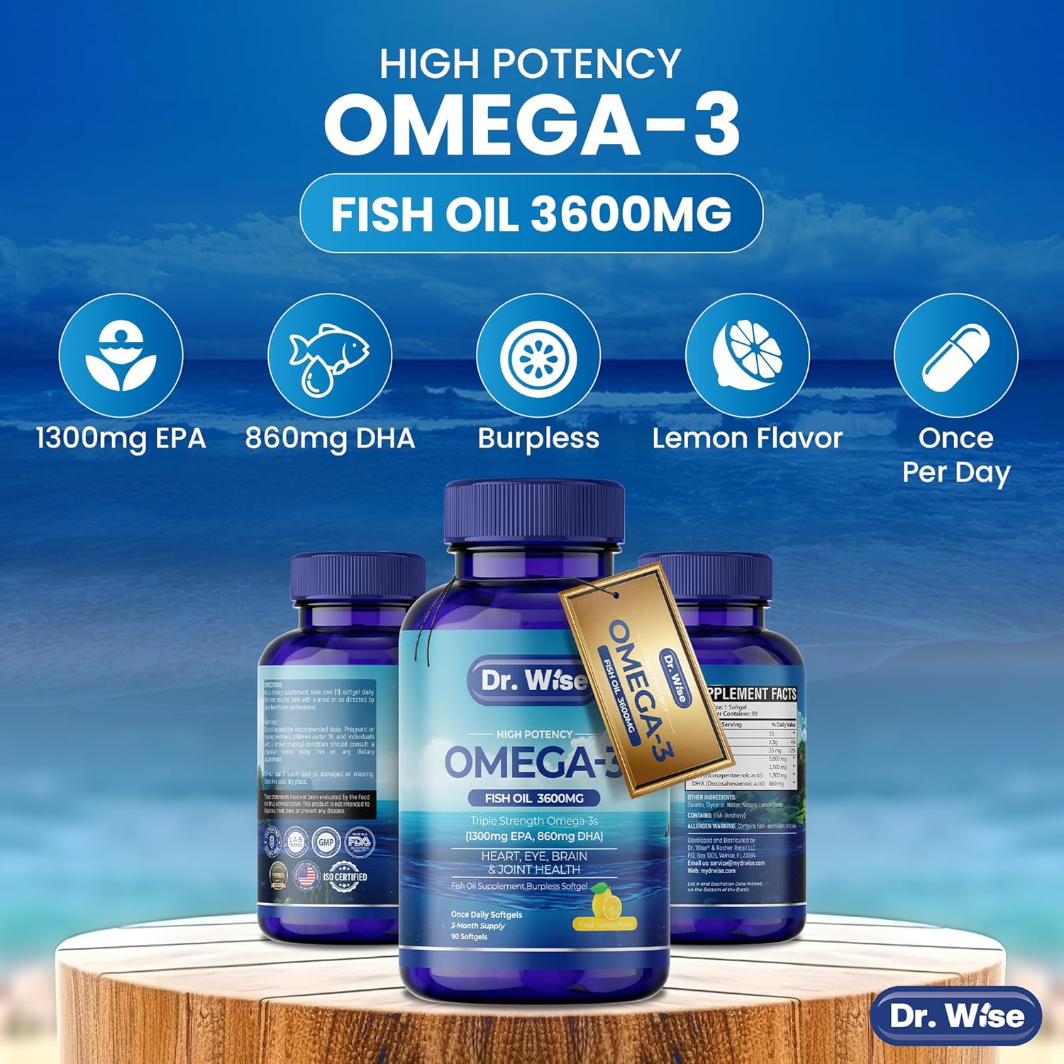 High Potency Omega-3 Fish Oil Softgels with Natural Lemon Flavor - 3600mg (2160mg Omega-3) - Supports General Health - 90 Softgels, 3-Month Supply