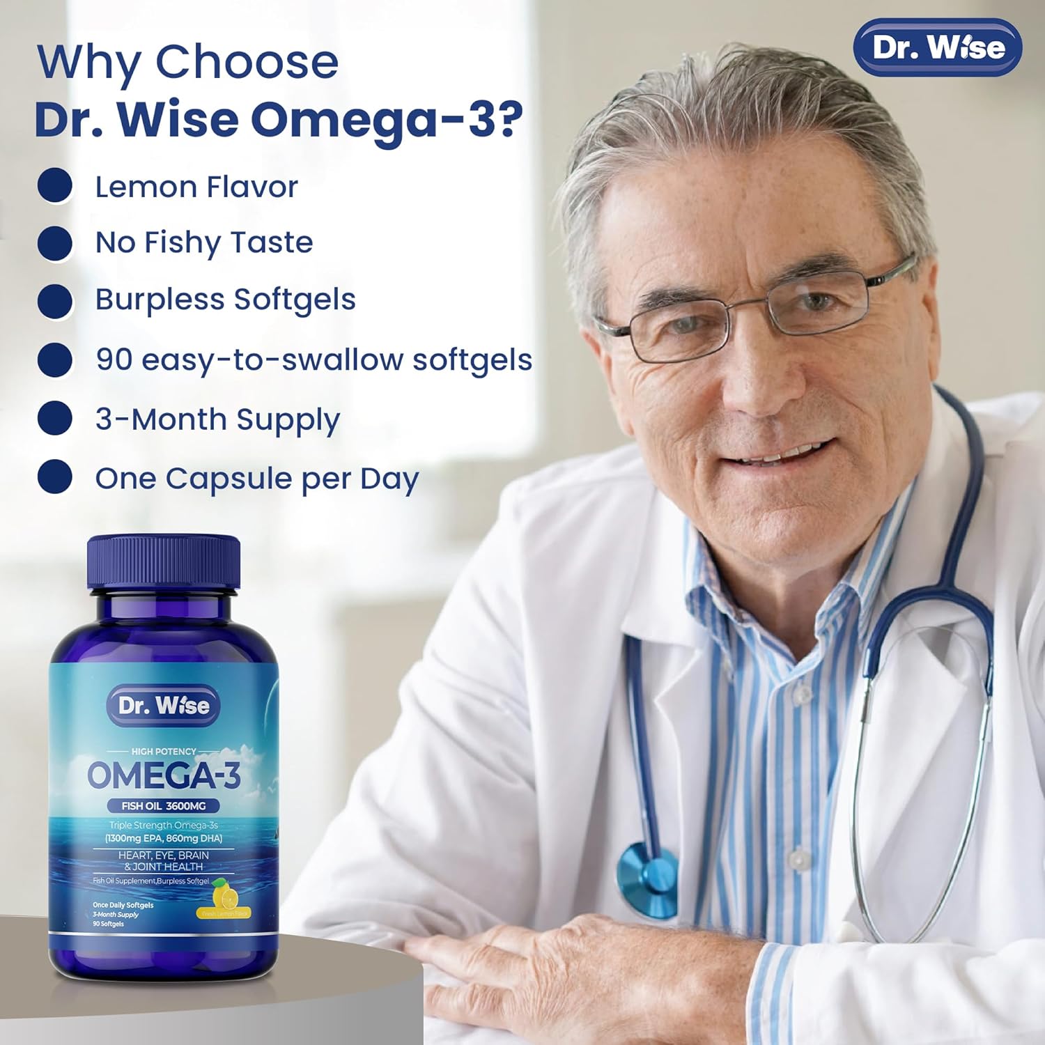 High Potency Omega-3 Fish Oil Softgels with Natural Lemon Flavor - 3600mg (2160mg Omega-3) - Supports General Health - 90 Softgels, 3-Month Supply