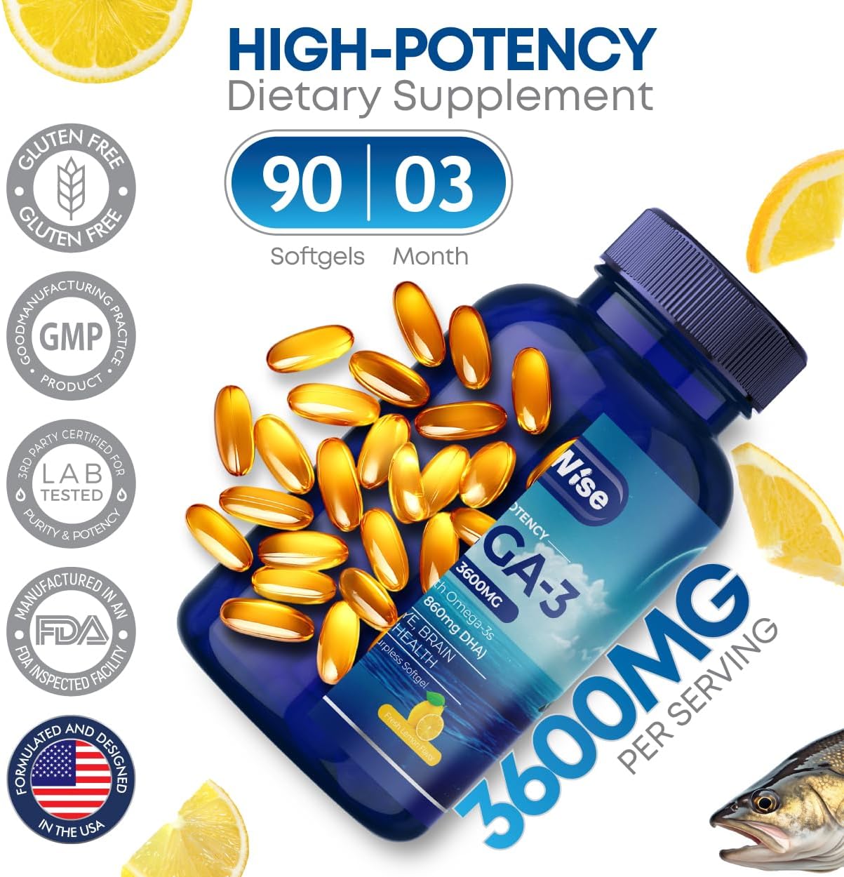 High Potency Omega-3 Fish Oil Softgels with Natural Lemon Flavor - 3600mg (2160mg Omega-3) - Supports General Health - 90 Softgels, 3-Month Supply