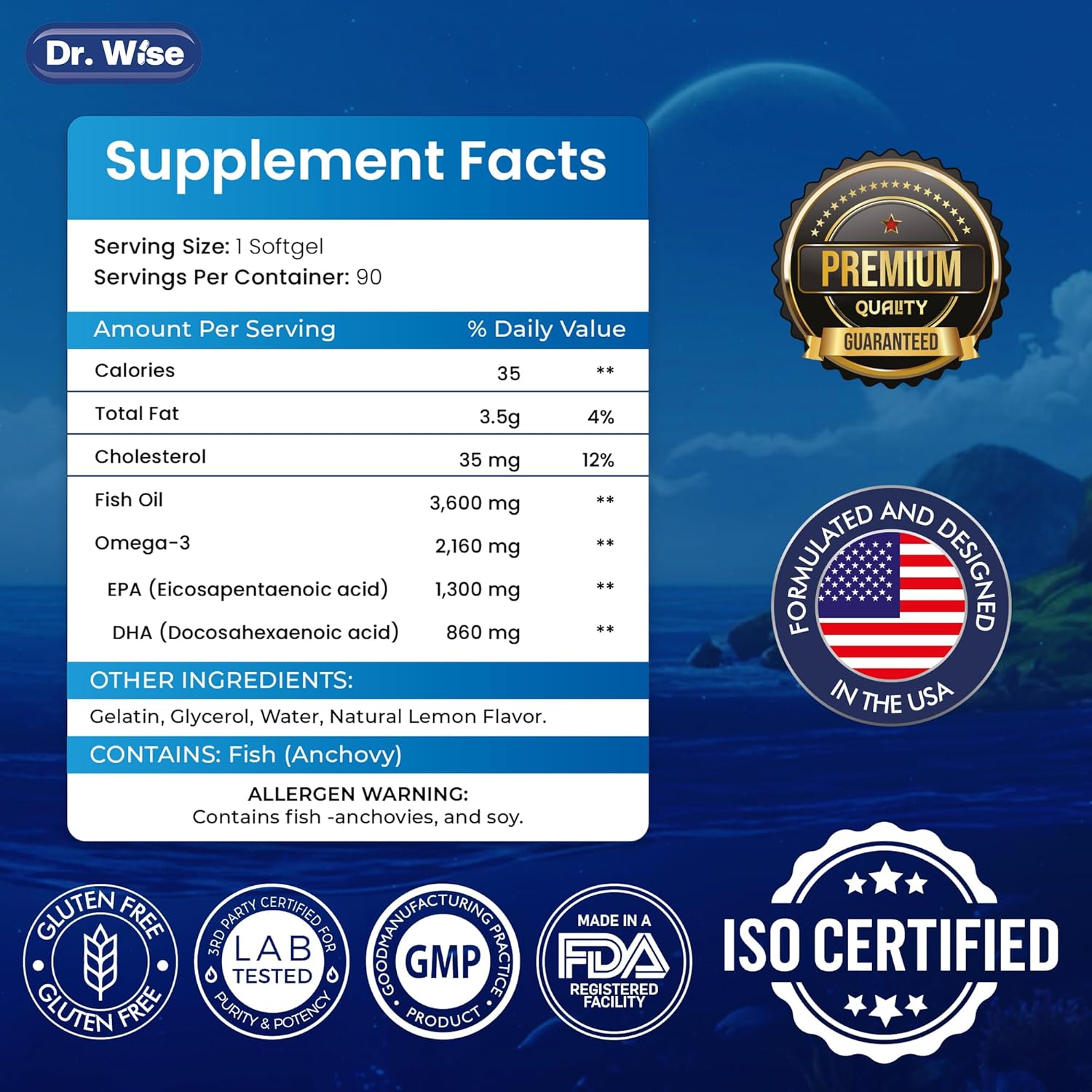 High Potency Omega-3 Fish Oil Softgels with Natural Lemon Flavor - 3600mg (2160mg Omega-3) - Supports General Health - 90 Softgels, 3-Month Supply