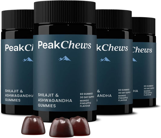 High Potency Peak Chews Pure Himalayan Shilajit Gummies with Ashwagandha for Men - Boost Energy, Mood, Motivation - Vegan - 240 Count