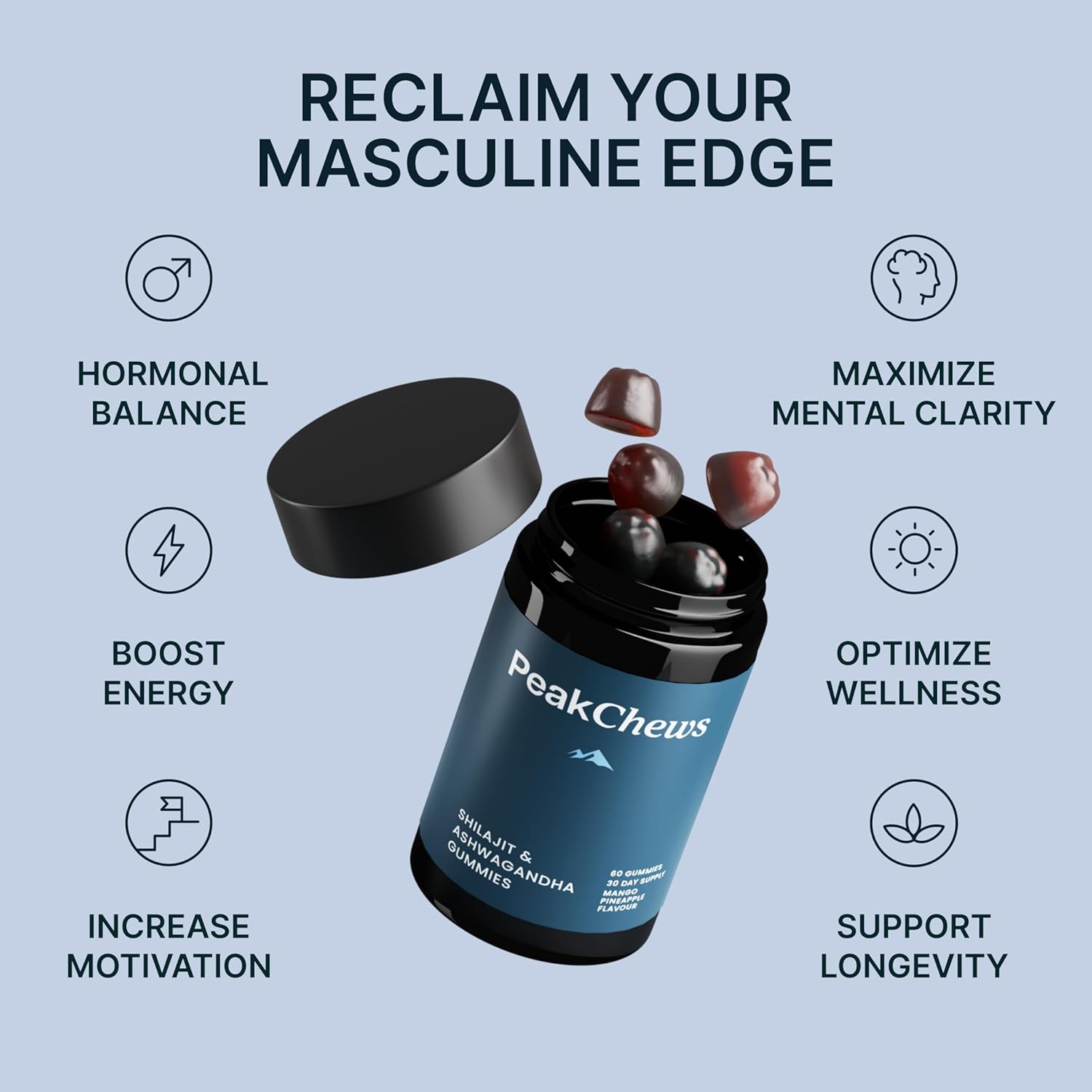 High Potency Peak Chews Pure Himalayan Shilajit Gummies with Ashwagandha for Men - Boost Energy, Mood, Motivation - Vegan - 240 Count