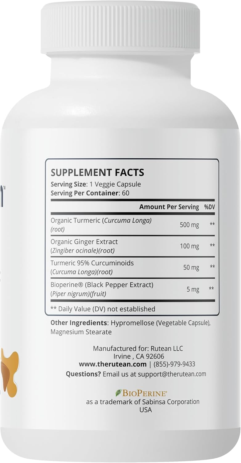 High Potency Rütean Turmeric Curcumin Capsules with Ginger & Black Pepper for Joint Support - 60 Capsules