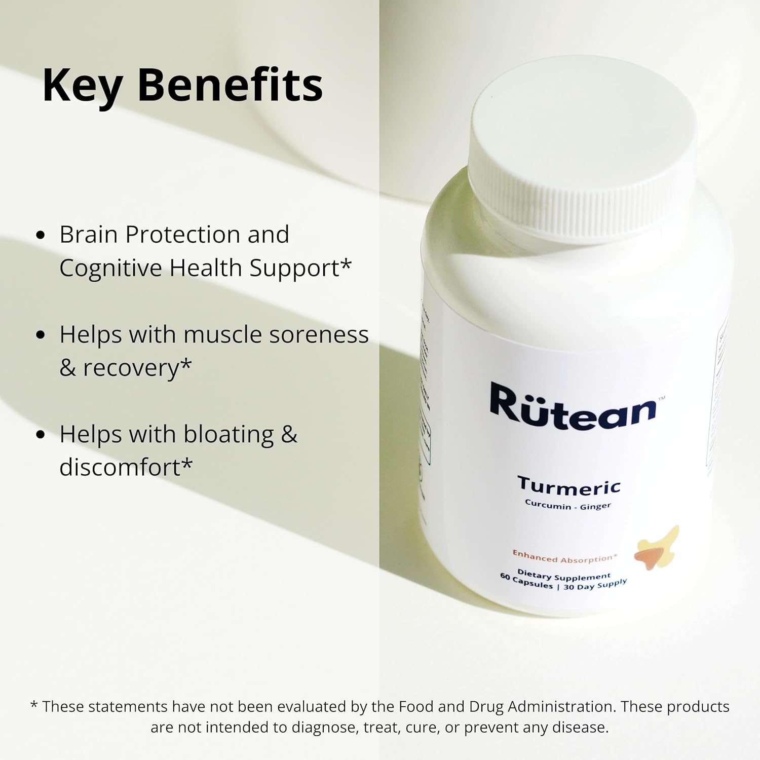 High Potency Rütean Turmeric Curcumin Capsules with Ginger & Black Pepper for Joint Support - 60 Capsules