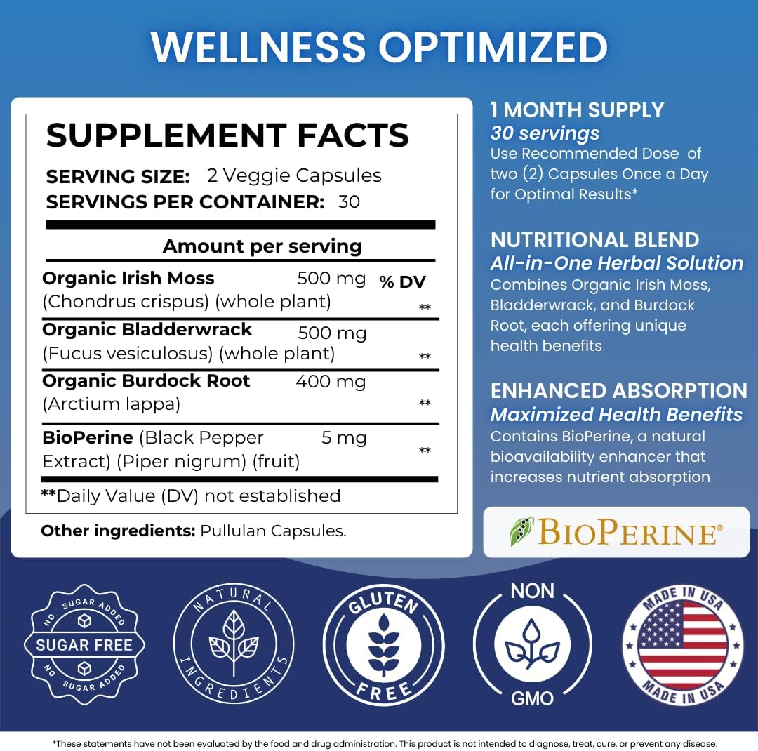 High-Potency Sea Moss Capsules with BioPerine, Bladderwrack, and Burdock Root - 90 Non-GMO Irish Seamoss Pills for Immunity, Gut Health, and Energy Boost