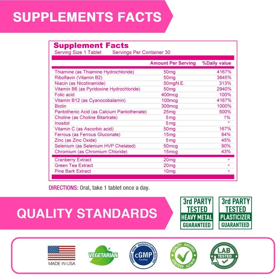 High Potency Timed Release B Complex Supplement for Women with Iron, Vitamin C, Cranberry, Pine Bark, Green Tea - 30 Vegetarian Tablets